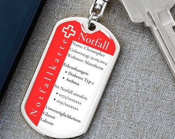 SOS Schlüsselanhänger als Notfallanhänger mit Gravur für Allergiker, Herzpatienten, Senioren und Kinder, medizinischer Notfall Anhänger