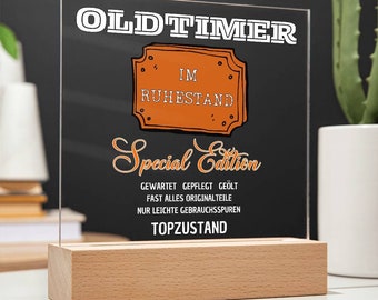 Ruhestand Geschenk Acrylbild mit Holzsockel, Oldtimer im Ruhestand für Mann und Frau, Geschenk Rentenbeginn mit LED, Geschenk Rentner