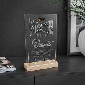 Soporte acrílico personalizado de maestría 2026: regalo de graduación para maestría, licenciatura, diploma de escuela secundaria, con base de madera y LED opcional