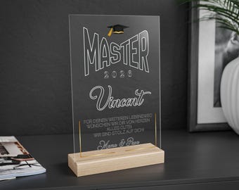 Personalized acrylic stand for Master's degree 2026 – graduation gift for Master's, Bachelor's, and high school diplomas, with wooden base and optional LED