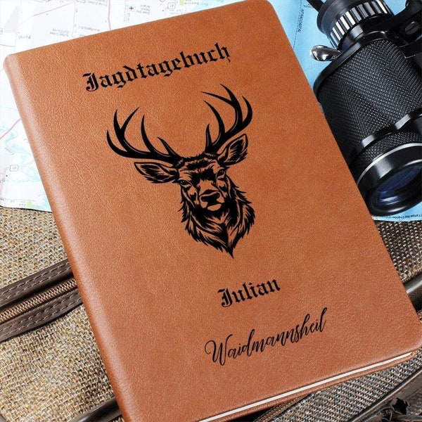 Hunting exam passed gifts for hunters, the huntress hunting journal, memory book deer trophy, hunter greeting Waidmannsheil personalized