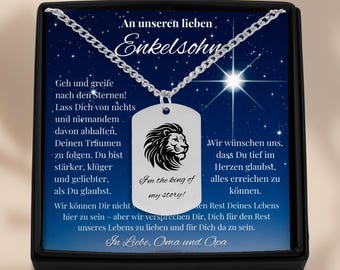 Gift for grandson from Grandma & Grandpa: Lion necklace personalized with engraving | Birthday, trip abroad, Christmas, stainless steel, gold-plated