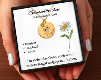 April birth flower daisy - personalized necklace with birthstone & engraving, gift for mom for birthday, Mother's Day, 3 types
