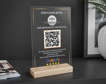 Google rating board with QR code: Acrylic & FSC wood base, customizable, counter display