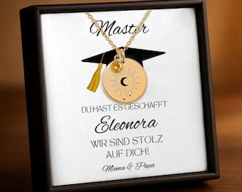 Personalized Master's degree gift, necklace with moon & sunbeam pendant + birthstone, Bachelor's degree gift from grandma, parents