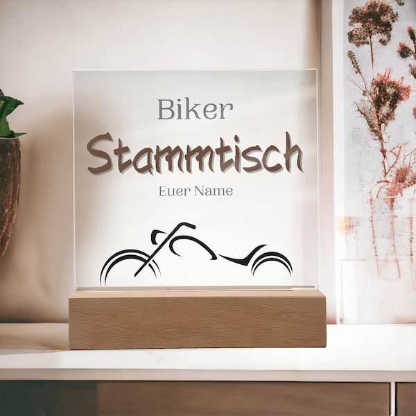 Biker Stammtisch Acrylbild mit Name - Deutsche Traditionen und Biker Dekor - Premium-Acryl - Geschenke für Motorradclubs - optional mit LED