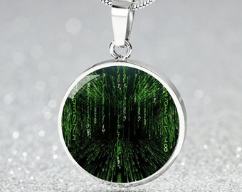 Matrix code necklace in cyberpunk style with engraving - Futuristic jewelry for hackers and mathematicians, green matrix jewelry