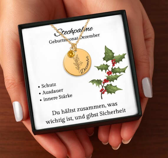 Geburtsblume Dezember Kette Stechpalme, Personalisierte Halskette fr  Tochter mit Geburtsstein & Gravur, Geschenk zu Geburtstag, Weihnachten -  Etsy.de