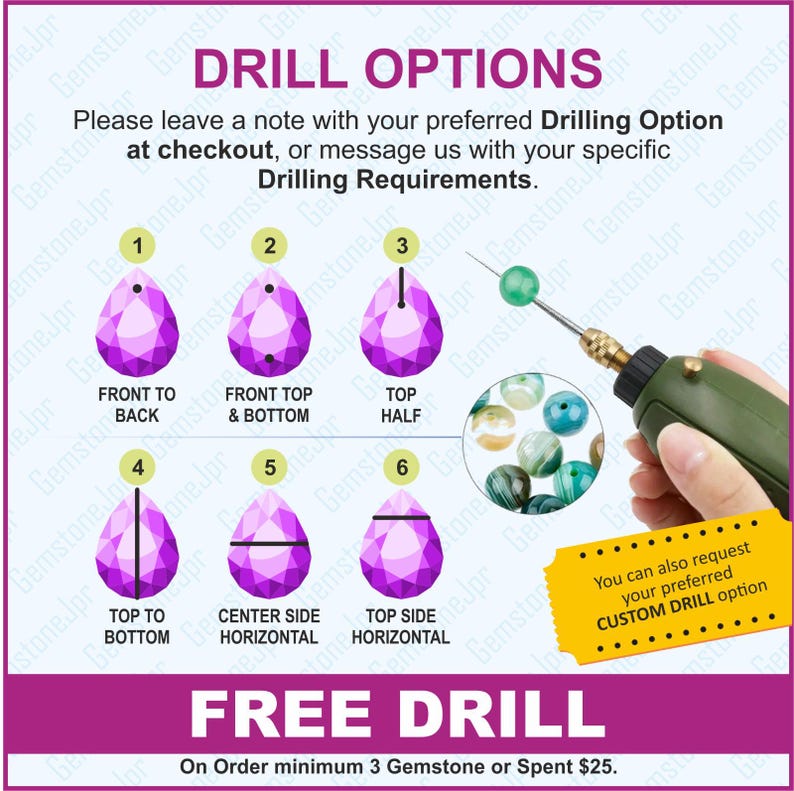 K&ouml;nnte beinhalten: Bild mit Bohroptionen f&uuml;r Edelsteine. Der Text lautet "DRILL OPTIONS" und "Bitte hinterlassen Sie eine Notiz mit Ihrer bevorzugten Bohroption beim Checkout oder kontaktieren Sie uns mit Ihren spezifischen Bohranforderungen."