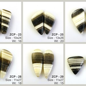 May include: Pairs of polished stone cabochons in various shapes, featuring black and white banded patterns. Sizes range from 10x24 to 17x20, with weights from 16 to 19. The text "ZCP" followed by a number is visible.