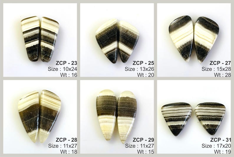 May include: Pairs of polished stone cabochons in various shapes, featuring black and white banded patterns. Sizes range from 10x24 to 17x20, with weights from 16 to 19. The text "ZCP" followed by a number is visible.