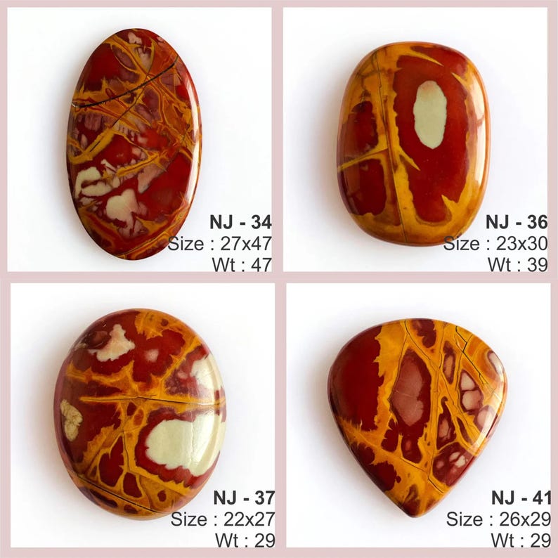 May include: Four polished, oval-shaped gemstones with a mix of red, yellow, and white patterns. Each stone has a unique design and is labeled with a size in inches and weight in ounces. The gemstones are displayed against a pink background.