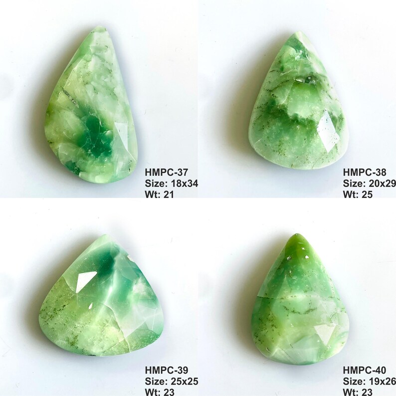 Puede incluir: Cuatro cabujones de piedras preciosas verdes de diferentes formas y tama&ntilde;os. Cada piedra presenta un patr&oacute;n &uacute;nico de tonos verdes claros y oscuros. La imagen incluye texto que indica tama&ntilde;os en mil&iacute;metros y pesos en gramos. Las piedras est&aacute;n sobre un fondo blanco.