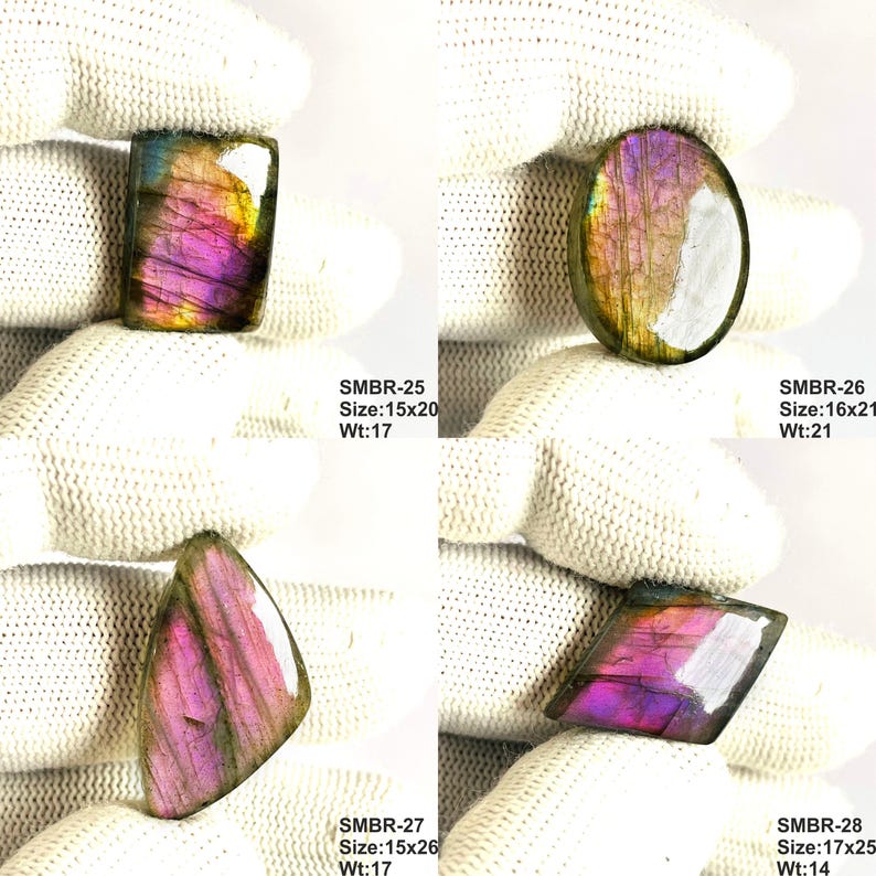 May include: Four polished labradorite gemstones in various shapes: rectangular, oval, triangular, and diamond-shaped. The stones display iridescent colors of purple, pink, and gold. Sizes range from 15x20mm to 17x25mm. Weights vary from 14 to 21.