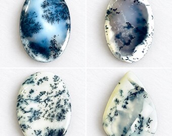 May include: Four polished dendritic agate gemstones featuring translucent white and milky bases with dark, fern-like manganese oxide inclusions. Three stones are oval-shaped, and one is a teardrop shape, all displaying unique branching patterns.