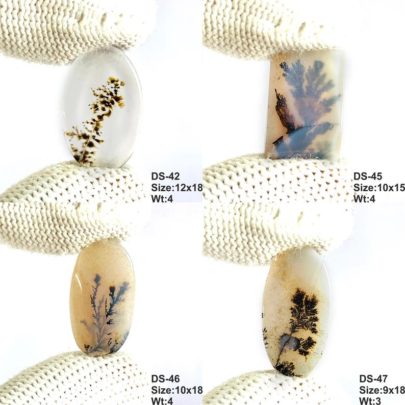 May include: Four dendritic agate cabochons with tree-like inclusions. DS-42: 12x18mm, 4ct. DS-45: 10x15mm, 4ct. DS-46: 10x18mm, 4ct. DS-47: 9x18mm, 3ct. Each stone features unique dark brown or black fern-like patterns against a translucent or beige background.