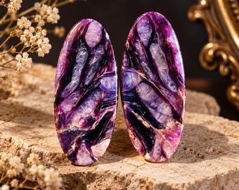 Natural Charoite Pair, Flat Back Loose Gemstone for Jewelry Making