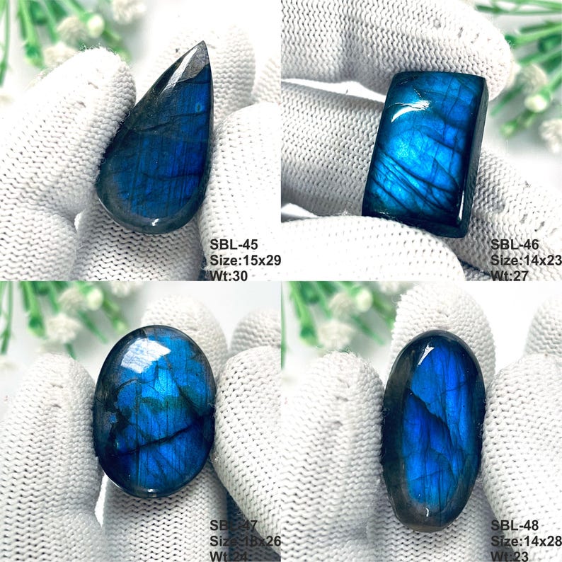 Pu&ograve; includere: Quattro pietre preziose di labradorite lucida con vibrante iridescenza blu. Le pietre sono etichettate SBL-45 (15x29, 30), SBL-46 (14x23, 27), SBL-47 (18x26, 24) e SBL-48 (14x28, 23). Ogni pietra mostra una forma unica, tra cui a goccia, rettangolare e ovale.