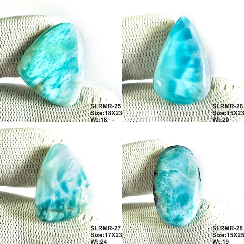 May include: Four polished Larimar gemstones in various shapes. Top left: SLRMR-25, 18x23mm, 18g. Top right: SLRMR-26, 15x23mm, 20g. Bottom left: SLRMR-27, 17x23mm, 24g. Bottom right: SLRMR-28, 15x25mm, 19g. Each stone displays unique blue and white patterns.