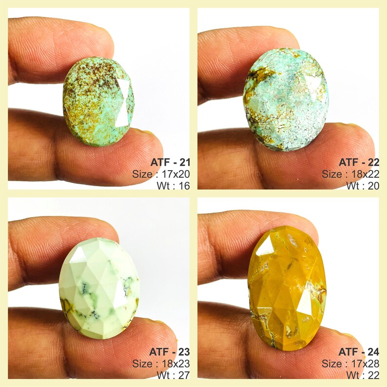 May include: Four faceted gemstones in shades of green and gold are displayed. Each stone is oval-shaped and held by a hand. The text "ATF - 21 Size: 17x20 Wt: 16", "ATF - 22 Size: 18x22 Wt: 20", "ATF - 23 Size: 18x23 Wt: 27", and "ATF - 24 Size: 17x28 Wt: 22" is visible.