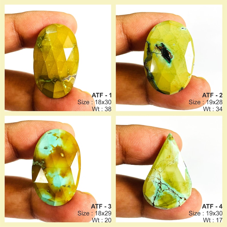 May include: Four faceted gemstones with varying shapes and colors. The gemstones are yellow, green, and turquoise, with visible inclusions. Each stone is labeled with "ATF" and a number, along with size and weight measurements.