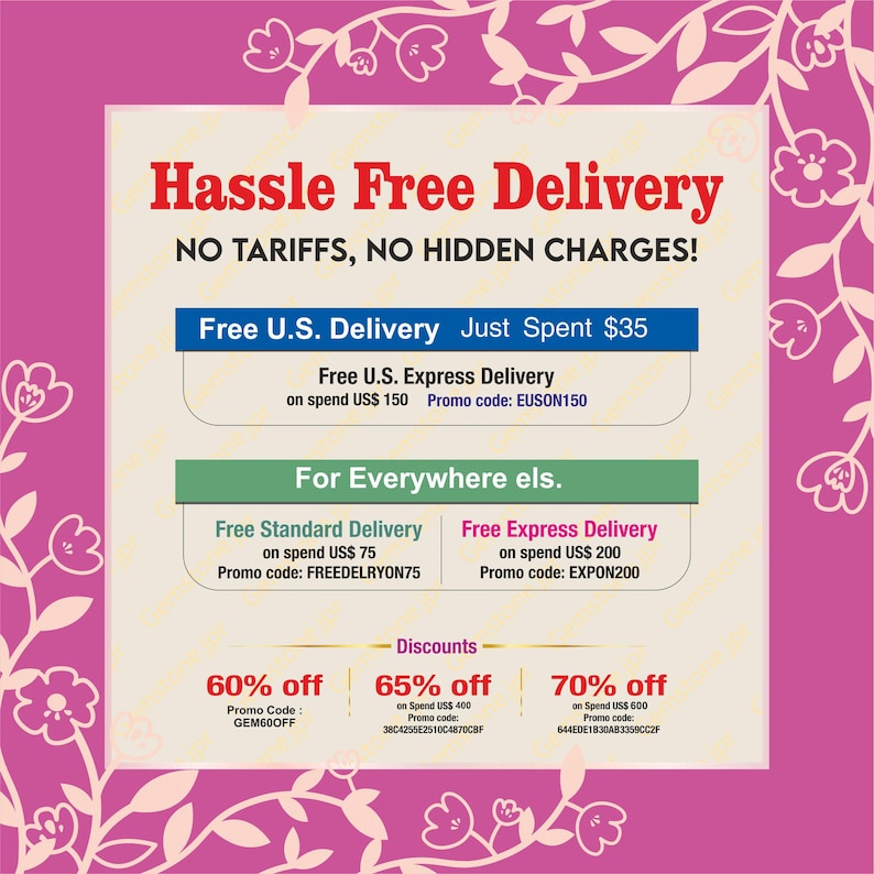 Puede incluir: Un gr&aacute;fico rosa y blanco con el texto "Hassle Free Delivery" e informaci&oacute;n sobre env&iacute;o gratuito en EE. UU. y en otros lugares. Tambi&eacute;n enumera ofertas de descuento con c&oacute;digos promocionales.