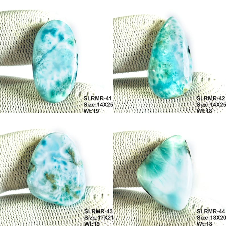May include: Four polished larimar gemstones with marbled patterns of sky blue, turquoise, and white. Each stone is labeled with text: SLRMR-41 Size:14X25 Wt:19, SLRMR-42 Size:14X25 Wt:18, SLRMR-43 Size:17X21 Wt:19, and SLRMR-44 Size:18X20 Wt:18.