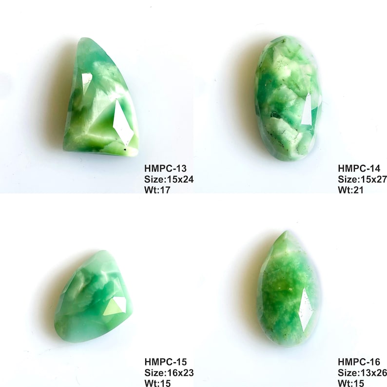 Puede incluir: Cuatro cabujones de piedras preciosas verdes con superficies facetadas se muestran sobre un fondo blanco. Las piedras preciosas var&iacute;an en forma, incluyendo una l&aacute;grima y un &oacute;valo. El texto en la imagen indica tama&ntilde;os y pesos en mil&iacute;metros y gramos.