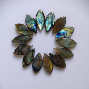 May include: A collection of teardrop-shaped labradorite gemstones arranged in a circular pattern. The stones display iridescent flashes of blue, green, and gold against a gray and brown base color. The gemstones are set against a white background.
