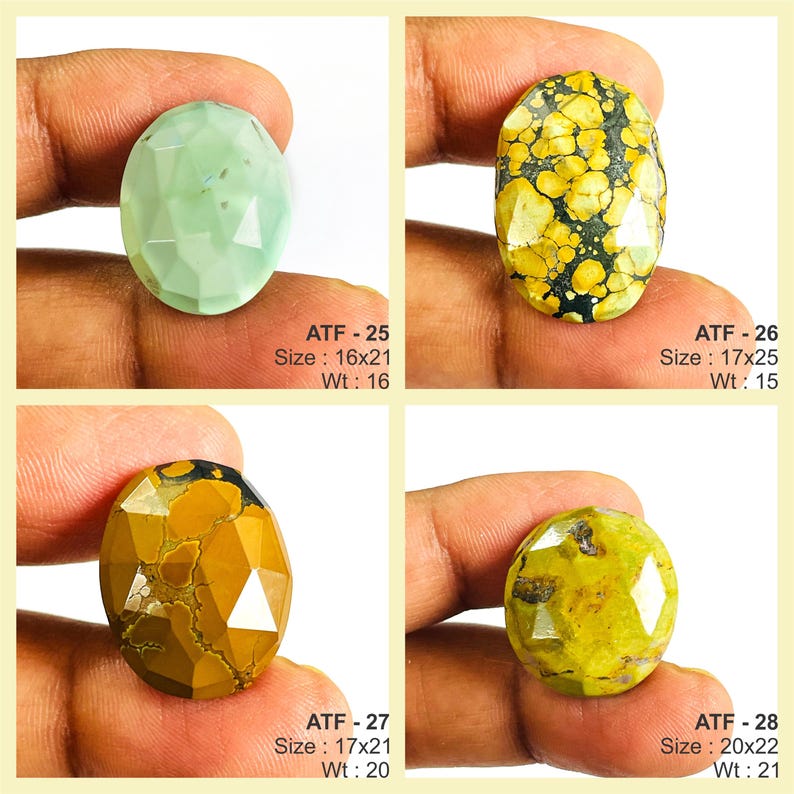 May include: Four faceted gemstones in oval shapes. The gemstones are in shades of green, yellow, and brown. The text "ATF - 25 Size: 16x21 Wt: 16", "ATF - 26 Size: 17x25 Wt: 15", "ATF - 27 Size: 17x21 Wt: 20", and "ATF - 28 Size: 20x22 Wt: 21" are visible.