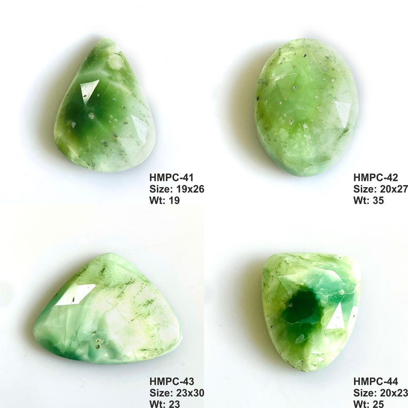 Puede incluir: Cuatro cabujones de piedras preciosas verdes de diferentes formas: gota, ovalada, triangular y escudo. Cada piedra tiene una superficie facetada y est&aacute; etiquetada con un tama&ntilde;o en mil&iacute;metros y un peso en gramos. Las piedras est&aacute;n sobre fondo blanco.