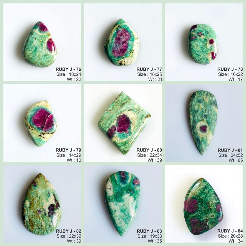 May include: A collection of nine polished ruby in fuchsite gemstones, each labelled with a unique code, dimensions in millimetres, and weight in carats. The stones feature vibrant magenta-pink ruby inclusions set within green fuchsite matrix.