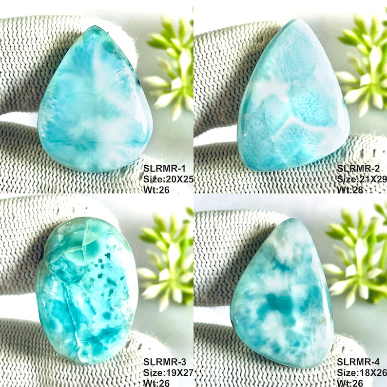 May include: Four polished Larimar cabochons with blue and white marbled patterns. Top left: SLRMR-1, 20x25mm, 26ct. Top right: SLRMR-2, 21x29mm, 28ct. Bottom left: SLRMR-3, 19x27mm, 26ct. Bottom right: SLRMR-4, 18x26mm, 26ct. Each stone is smooth.