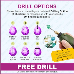 May include: An informational graphic titled DRILL OPTIONS displaying six numbered purple teardrop-shaped gemstone diagrams illustrating various hole placements. A hand-held green drill tool is shown with a green bead and a yellow custom request box.