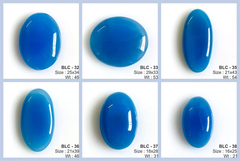 K&ouml;nnte beinhalten: Sechs ovale, polierte blaue Edelsteine in verschiedenen Gr&ouml;&szlig;en. Der gr&ouml;&szlig;te misst 25 mm x 34 mm. Jeder Stein ist mit einer BLC-Nummer und Gr&ouml;&szlig;en-/Gewichtsangaben versehen. Die Edelsteine sind BLC-32, BLC-33, BLC-35, BLC-36, BLC-37 und BLC-38.