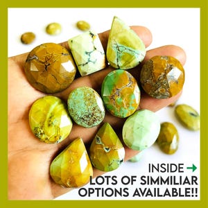May include: A hand holding a collection of various gemstones in shades of green, yellow, and brown. The stones have faceted and smooth surfaces. Text in the image reads: "INSIDE -> LOTS OF SIMMILAR OPTIONS AVAILABLE!!"
