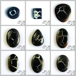 K&ouml;nnte beinhalten: Verschiedene schwarze Edelsteine mit wei&szlig;en Adern in verschiedenen Formen, darunter rund, quadratisch, oval und tropfenf&ouml;rmig. Gr&ouml;&szlig;en variieren von ca. 1,3 bis 3,6 cm. Jeder Stein ist mit Gr&ouml;&szlig;e und Gewicht beschriftet.