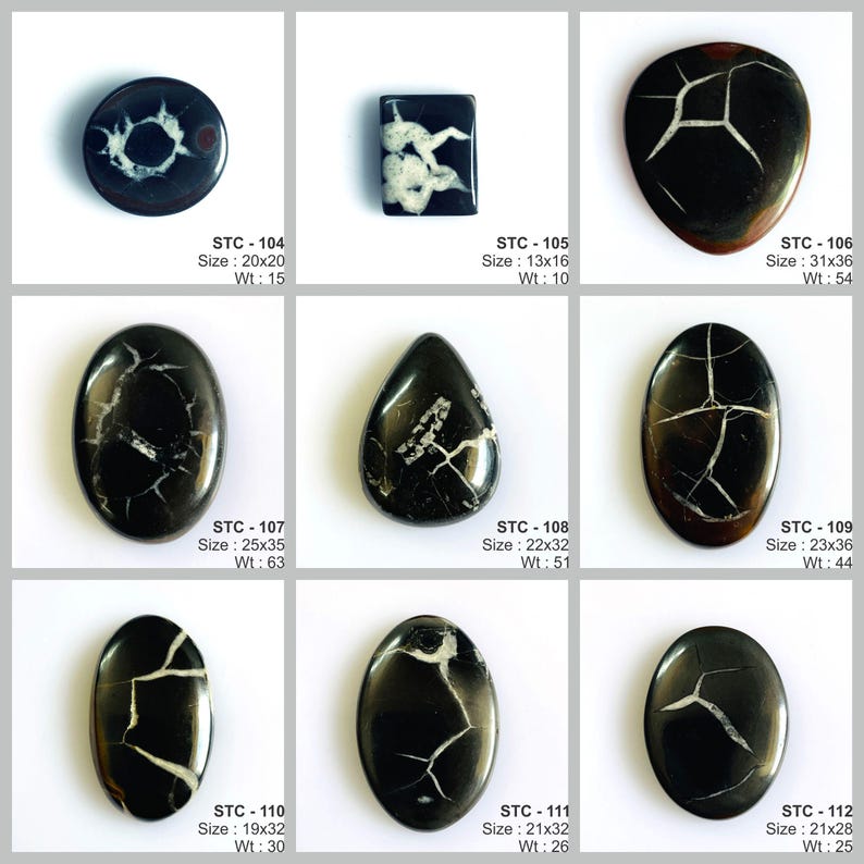 K&ouml;nnte beinhalten: Verschiedene schwarze Edelsteine mit wei&szlig;en Adern in verschiedenen Formen, darunter rund, quadratisch, oval und tropfenf&ouml;rmig. Gr&ouml;&szlig;en variieren von ca. 1,3 bis 3,6 cm. Jeder Stein ist mit Gr&ouml;&szlig;e und Gewicht beschriftet.