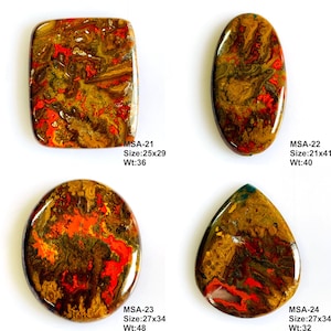 K&ouml;nnte beinhalten: Vier polierte Cabochon-Edelsteine mit wirbelnden Mustern in Rot, Braun und Orange. MSA-21 ist 25x29mm, 36ct; MSA-22 ist 21x41mm, 40ct; MSA-23 ist 27x34mm, 48ct; MSA-24 ist 27x34mm, 32ct. Jeder Stein hat eine glatte, gl&auml;nzende Oberfl&auml;che.