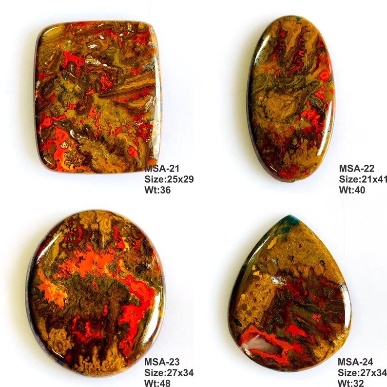 K&ouml;nnte beinhalten: Vier polierte Cabochon-Edelsteine mit wirbelnden Mustern in Rot, Braun und Orange. MSA-21 ist 25x29mm, 36ct; MSA-22 ist 21x41mm, 40ct; MSA-23 ist 27x34mm, 48ct; MSA-24 ist 27x34mm, 32ct. Jeder Stein hat eine glatte, gl&auml;nzende Oberfl&auml;che.