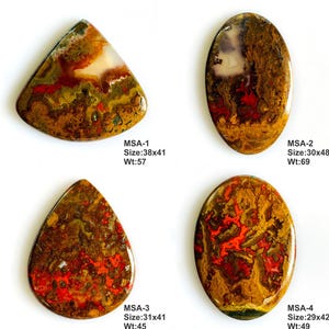 K&ouml;nnte beinhalten: Vier polierte Achat-Cabochons mit komplexen Mustern in Braun, Rot und Creme. MSA-1 ist dreieckig, 38x41mm, 57g. MSA-2 ist oval, 30x48mm, 69g. MSA-3 ist tropfenf&ouml;rmig, 31x41mm, 45g. MSA-4 ist oval, 29x42mm, 49g. Jeder Stein ist glatt.