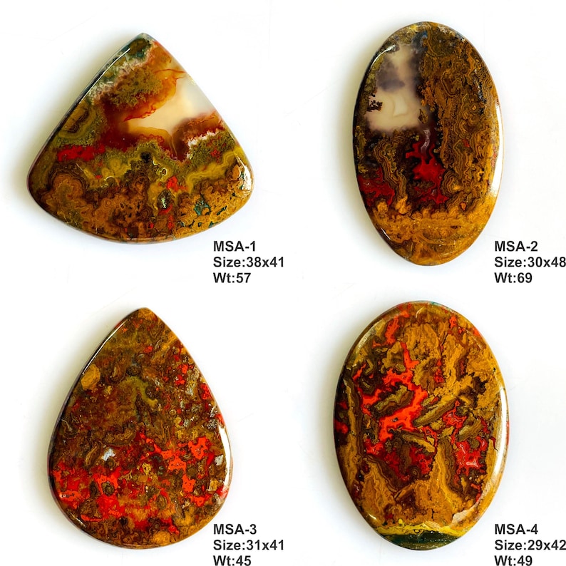 K&ouml;nnte beinhalten: Vier polierte Achat-Cabochons mit komplexen Mustern in Braun, Rot und Creme. MSA-1 ist dreieckig, 38x41mm, 57g. MSA-2 ist oval, 30x48mm, 69g. MSA-3 ist tropfenf&ouml;rmig, 31x41mm, 45g. MSA-4 ist oval, 29x42mm, 49g. Jeder Stein ist glatt.