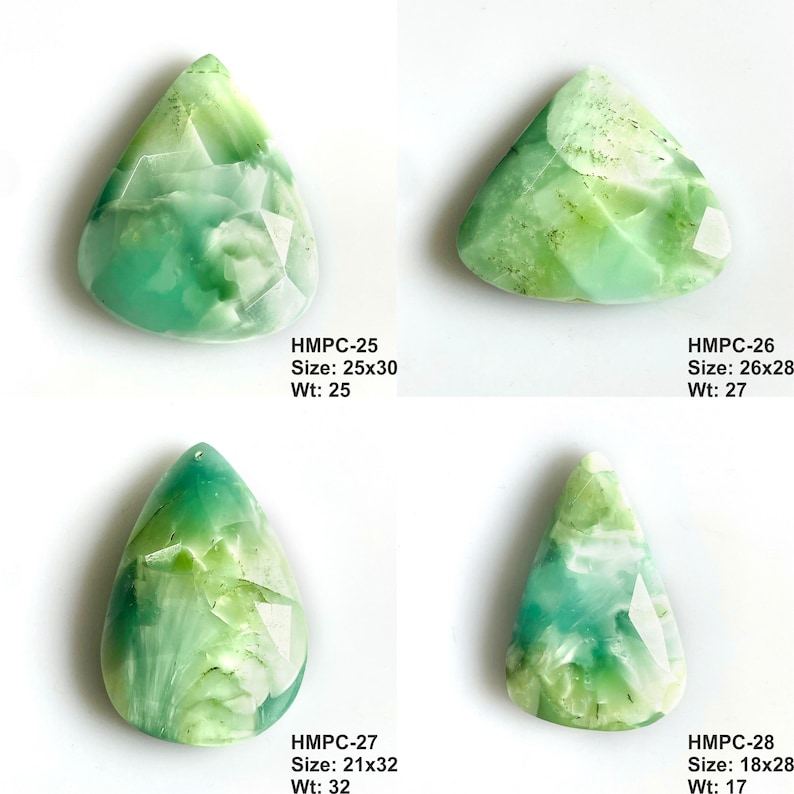Puede incluir: Cuatro gemas pulidas en forma de l&aacute;grima, en tonos verdes y blancos. Cada piedra tiene un patr&oacute;n &uacute;nico y est&aacute; etiquetada con un tama&ntilde;o en mil&iacute;metros y un peso en gramos. Ideales para la fabricaci&oacute;n de joyas o coleccionar.