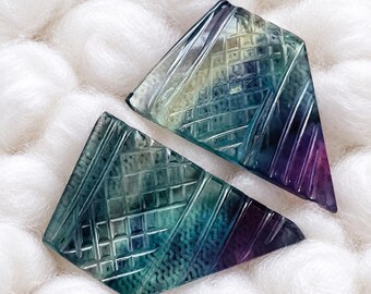 Hand Carved Fluorite Gemstone Pair, Natural Purple Leaf Cabochons for Jewelry Making