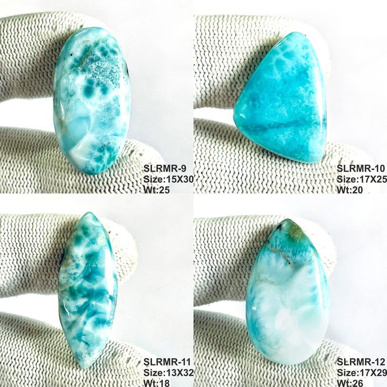May include: Four polished Larimar gemstones in various shapes including oval, triangular, marquise, and teardrop. Each stone displays a vibrant sky-blue color with white marbled patterns. Text labels include SLRMR-9, 10, 11, 12 with sizes in mm.