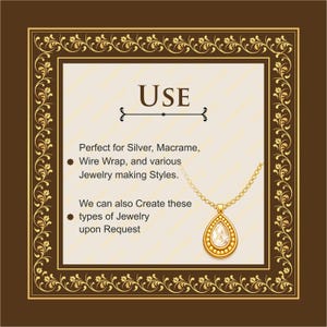 K&ouml;nnte beinhalten: Eine goldfarbene Anh&auml;ngerkette mit einem tropfenf&ouml;rmigen Edelstein. Das Bild enth&auml;lt den Text "USE" und erw&auml;hnt Schmuckherstellungsstile wie Silber und Drahtwickel. Das Design ist mit einem verzierten Goldrand umrahmt.