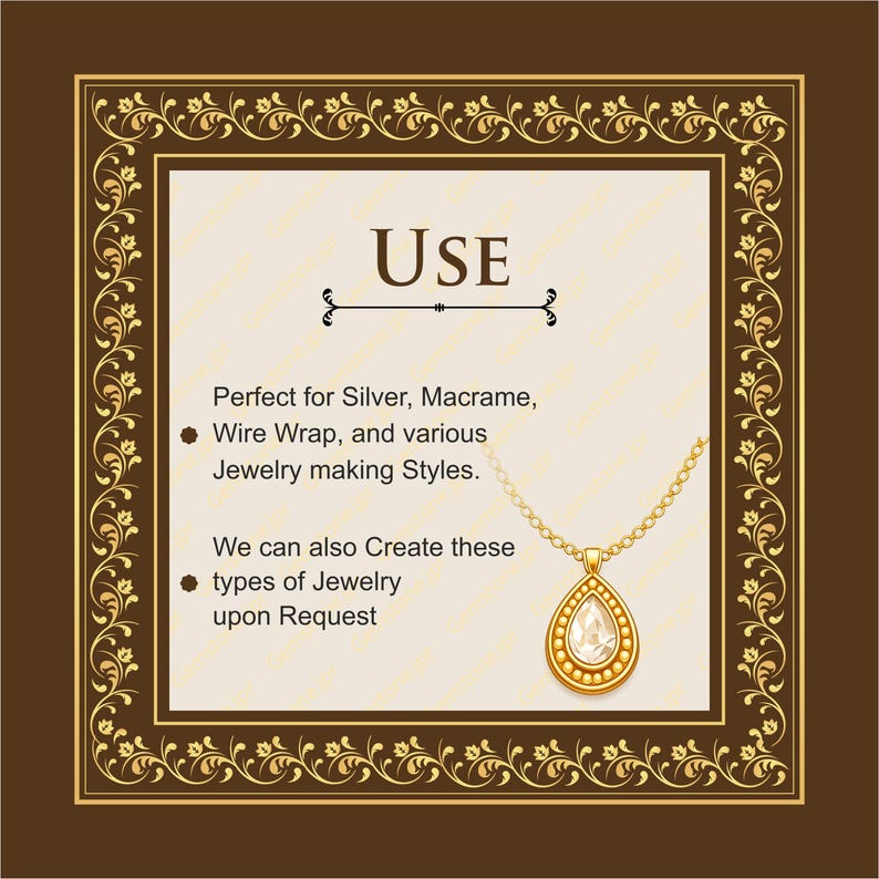 K&ouml;nnte beinhalten: Eine goldfarbene Anh&auml;ngerkette mit einem tropfenf&ouml;rmigen Edelstein. Das Bild enth&auml;lt den Text "USE" und erw&auml;hnt Schmuckherstellungsstile wie Silber und Drahtwickel. Das Design ist mit einem verzierten Goldrand umrahmt.