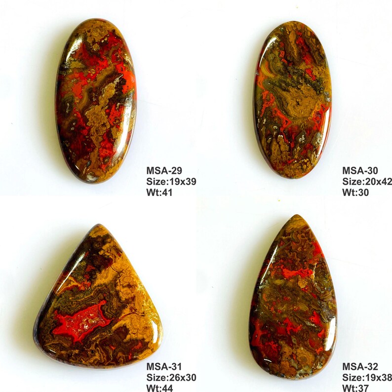 K&ouml;nnte beinhalten: Vier polierte Cabochons mit wirbelnden Mustern in Rot, Braun und Gold. MSA-29: 19x39mm, Wt:41g. MSA-30: 20x42mm, Wt:30g. MSA-31: 26x30mm, Wt:44g. MSA-32: 19x38mm, Wt:37g. Die Steine sind oval und tropfenf&ouml;rmig mit glatten, gl&auml;nzenden Oberfl&auml;chen.