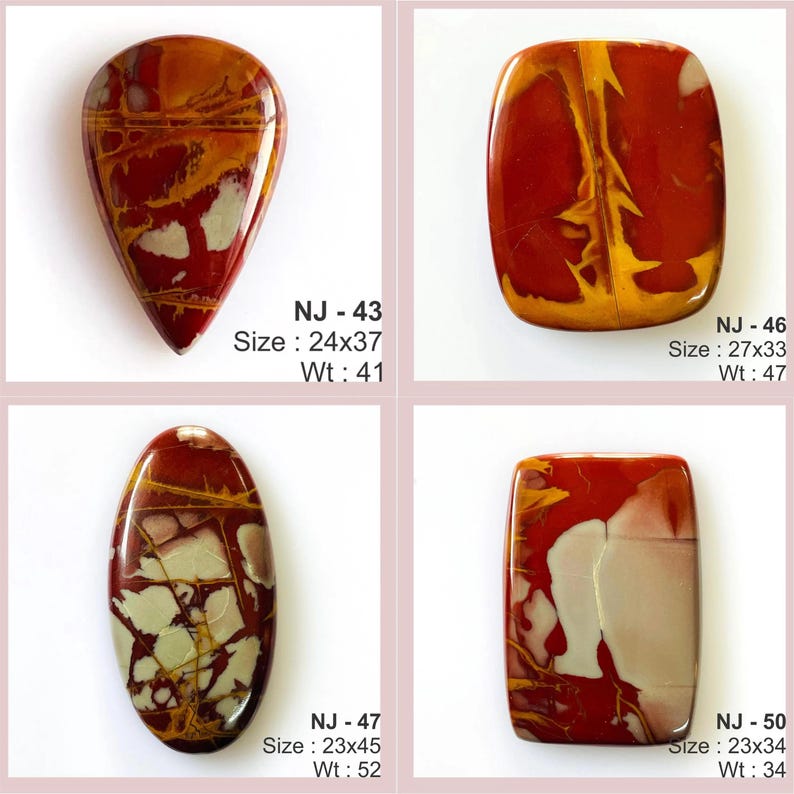 May include: Four polished gemstones with unique patterns and colors. The stones vary in shape, including teardrop, rectangular, and oval. The gemstones feature red, cream, and yellow hues. Each stone has a size and weight listed. The text "NJ" is also visible.