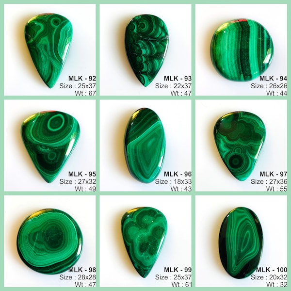 Cabochon di malachite naturale, pietra preziosa di malachite con retro piatto, malachite di qualità AAA, malachite lucidata a mano per gioielli